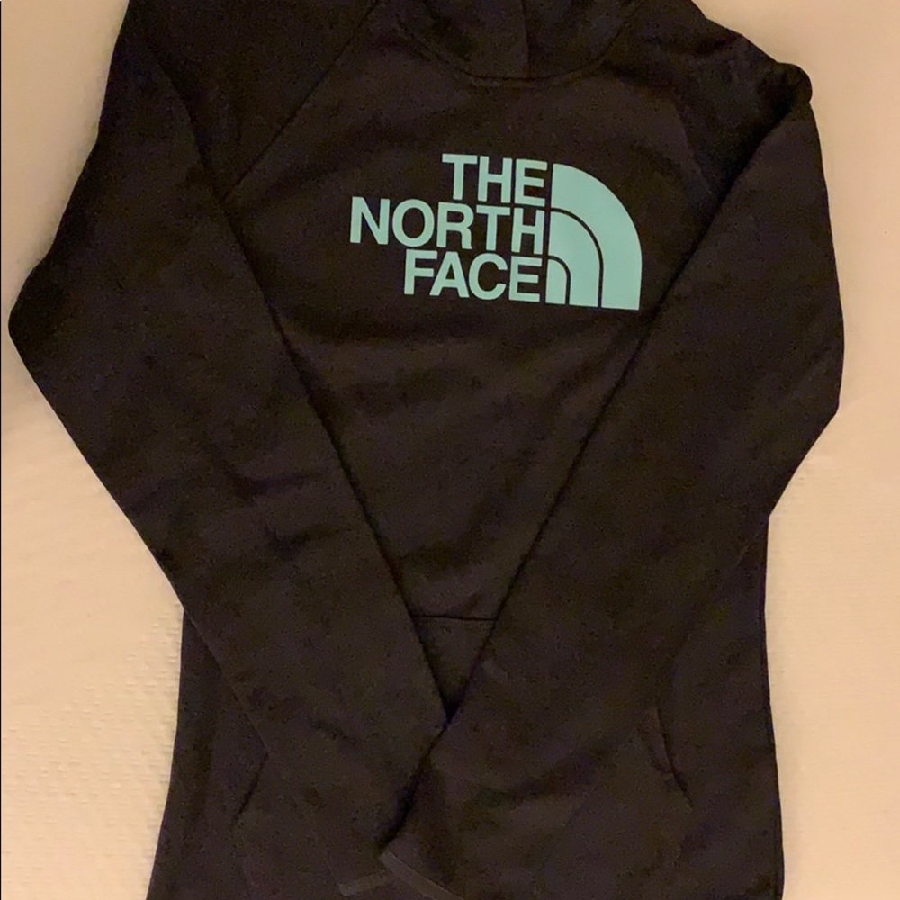 gray North Face hoodie with ice blue logo